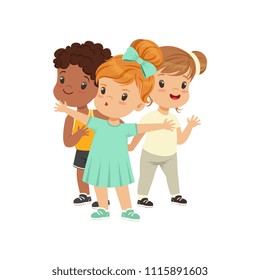 Brave girl defending her friends from someone vector Illustration on a white background