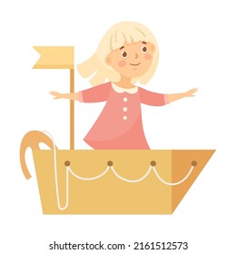 Brave girl on ship. Kid game in cardboard box costume. Vector illustration of playing creative girls and boys. Cartoon cute child isolated on white