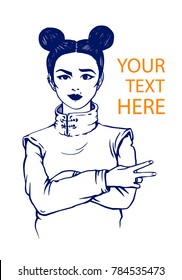 brave girl with two tufts on her head. Vector illustration