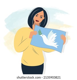 A brave girl, a woman holds a sign with a dove of peace in her hands. Protest against war, for peace. Rally. The concept of support for Ukraine. Vector isolated illustration in modern flat style.