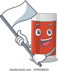 A brave glass of apple juice mascot character design holding a white flag. Vector illustration