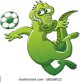 Brave green alligator keeping balance with its arms and tail in a mischievous attitude while floating in the air after having jumped, to be able to stare at a soccer ball and hit it powerfully 