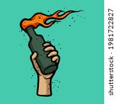 Brave hand holding molotov bomb. Detonation, explode vector concept. hand holding bottle with flame illustration