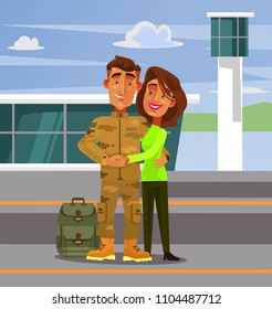 Brave happy smiling soldier man character come back home to his wife girlfriend woman. Military war flat cartoon illustration graphic design concept element