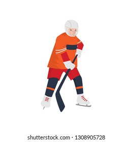 Brave hockey player in a red-orange uniform and a protective mask with a stick in his hands