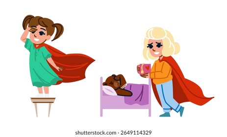 brave kid girl hero vector. courage adventure, empowerment strength, kindness fearless brave kid girl hero character. people flat cartoon illustration