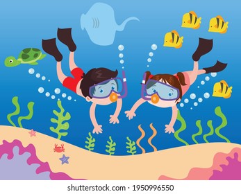 Brave kids snorkeling vector concept for banner, website, illustration, landing page, flyer, etc.