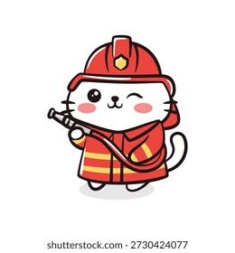 Brave kitten wearing a red fire helmet and protective suit while holding a hose, ideal for hero and emergency service themes.