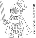 Brave knight in armor holding a sword outline coloring page 