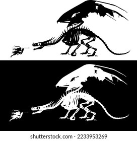 Brave knight fighting with dragon vector flat illustration. Medieval warrior with spear and shield struggling to mythical beast isolated on white.