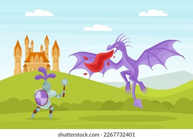 Valiente lucha de caballero con ilustración del vector Dragon