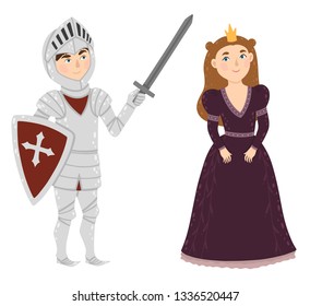 Brave knight and princess. Medieval characters.  Fairytale vector set isolated on white background. European middle ages historic period Illustrations.