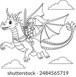 Brave knight riding a dragon outline coloring page 