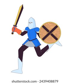 Valiente caballero corriendo con la armadura 2D lineal personaje de dibujos animados. Noble guerrero medieval atacando aislado línea vector persona fondo blanco. Reconstrucción histórica club color plano ilustración de la mancha