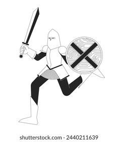 Valiente caballero corriendo con la armadura en blanco y negro 2D línea de personaje de dibujos animados. Noble guerrero medieval aislado vector contorno persona. Ilustración de punto plano monocromático del club de la reconstrucción histórica