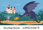 Brave knight or swordsman fighting with dragon against medieval castle on background. Legendary hero struggle against evil monster. Scene from fairytale or legend. Flat cartoon vector illustration.