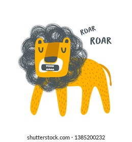 Brave lion animal king of jungle illustration. Funny print in scandinavian style for baby room decor or children textile.