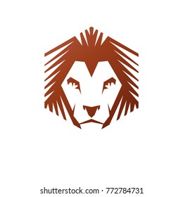 Brave Lion King face emblem animal element. Heraldic Coat of Arms decorative logo isolated vector illustration.