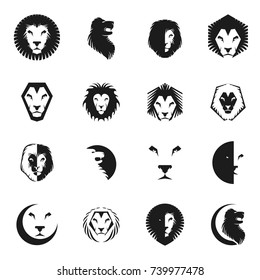 Brave Lion King faces emblems elements set. Heraldic Coat of Arms decorative logos isolated vector illustrations collection.