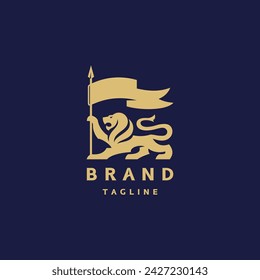 Brave Lion Waving the Flag Logo Design. Guardian Lion Carrying a Flag Logo Design.