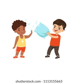 Brave litlle boy trying to stop the bully who is fighting with pillow vector Illustration on a white background