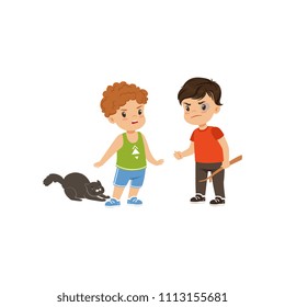 Brave litlle boy trying to stop the bully who is offending animals vector Illustration on a white background