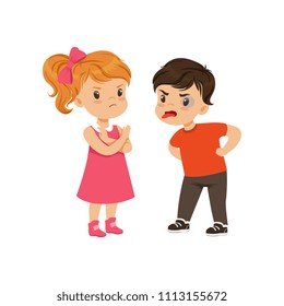 Brave litlle girl trying to stop the bully who is quarreling vector Illustration on a white background