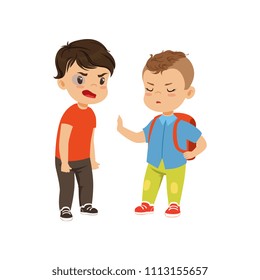 Brave litlle schoolboy with backpack trying to stop the bully who is quarreling vector Illustration on a white background