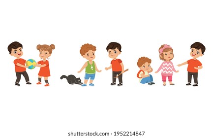 Brave Little Boy and Girl Standing Up Against Bullying and Warring Behavior Vector Set