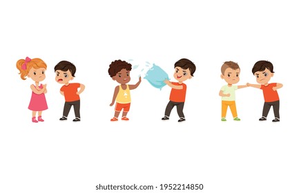 Brave Little Boy and Girl Standing Up Against Bullying and Warring Behavior Vector Set