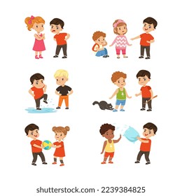 Brave Little Boy and Girl Standing Up Against Bullying and Warring Behavior Vector Set