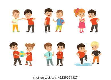 Brave Little Boy and Girl Standing Up Against Bullying and Warring Behavior Vector Set