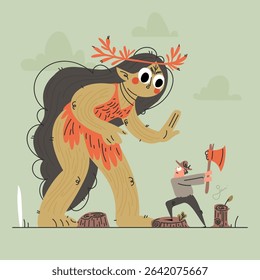 A brave lumberjack confronts a towering forest spirit in a vibrant scene, ax raised high. The illustration blends fantasy and determination in a lush forest.