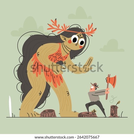 A brave lumberjack confronts a towering forest spirit in a vibrant scene, ax raised high. The illustration blends fantasy and determination in a lush forest.