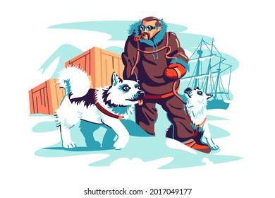 Brave male adventurer on north pole vector illustration. Man in winter clothes with dogs flat style. Travel to antarctica, scientific station concept. Isolated on white background