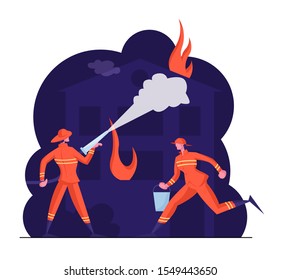 Brave Male Characters Team in Firefighters Uniform and Hats Extinguish with Big Fire Spraying Water from Hose. Couple of Firemen Fighting with Blaze at Burning House. Cartoon Flat Vector Illustration