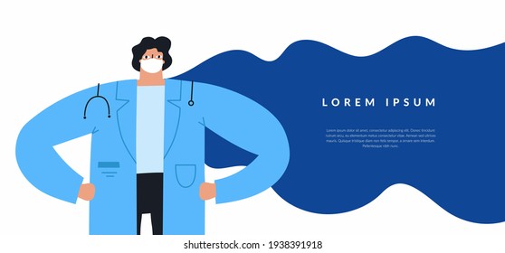 Brave male doctor wearing a face mask and hero cape isolated on white background. Hand drawn medicine character, healthcare superhero banner template. Nurse hero in frontline concept. Vector design