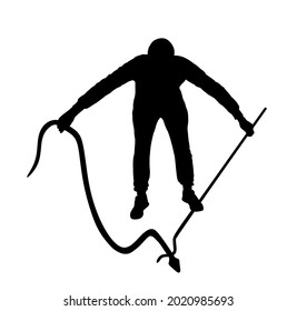 Brave man catching snake with stick vector silhouette illustration isolated on white background. Poison snake control. Deadly venom snake serpent catch for medicine pharmacy. Removal danger intruder.