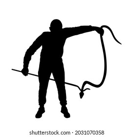 Brave man catching snake with stick vector silhouette illustration isolated on white background. Poison snake control. Deadly venom snake serpent catch for medicine pharmacy. Removal danger intruder.