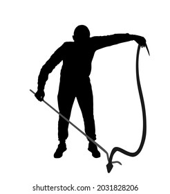 Brave man catching snake with stick vector silhouette illustration isolated on white background. Poison snake control. Deadly venom snake serpent catch for medicine pharmacy. Removal danger intruder.