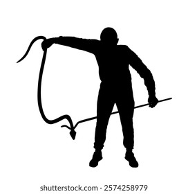 Brave man catching snake with stick vector silhouette illustration isolated on white background. Poison snake control. Deadly venom snake shape serpent for medicine pharmacy. Removal danger intruder.