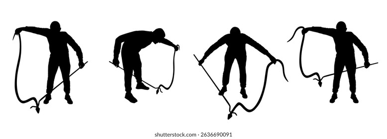 Brave man catching snake with stick vector silhouette illustration isolated. Poison snake catcher control. Deadly venom snake shape serpent for medicine pharmacy. Removal danger intruder animal.