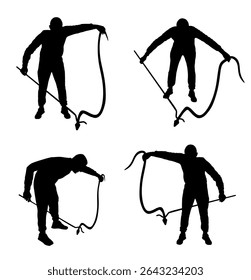 Brave man catching snake with stick vector silhouette illustration isolated. Poison snake catcher control. Deadly venom snake shape serpent for medicine pharmacy. Removal danger intruder animal.