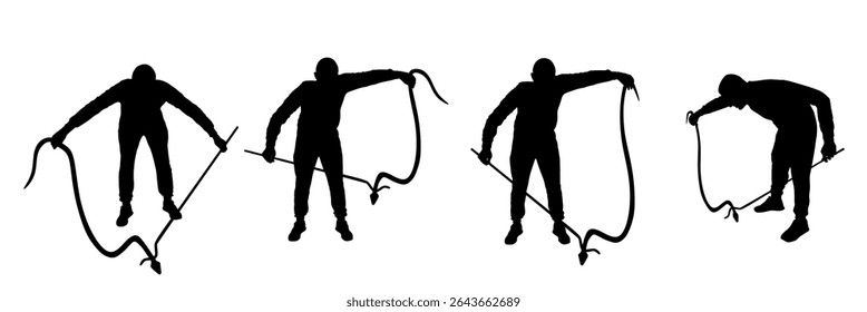Brave man catching snake with stick vector silhouette illustration isolated. Poison snake catcher control. Deadly venom snake shape serpent for medicine pharmacy. Removal danger intruder animal.