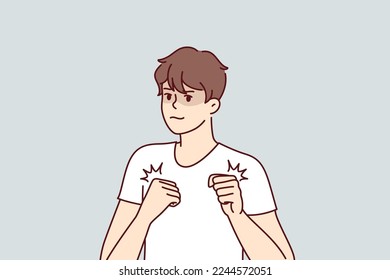 Brave man clenching fists holds hands in front of chest preparing for fight or self-defense. Young guy athlete with knowledge in martial arts in white T-shirt stands in boxers pose. Flat vector image