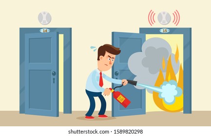 Brave man with a fire extinguisher in hands extinguishes fire in a neighbor's apartment. Fire alarm and smoke detector worked. Vector illustration, flat design, cartoon style.