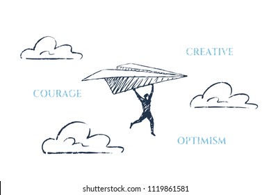 A brave man is flying on a paper plane. Vector business concept illustration, hand drawn sketch. Creative, courage, optimism.