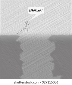 brave man jumping over abyss and shouting Geronimo, crosshatched image