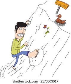 brave man looking for a way to success by climbing a cliff