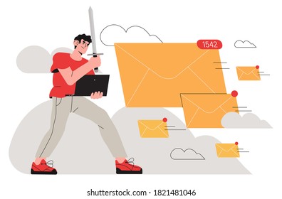 Brave Man, Office Worker, Business Man Fight With Spam Email Messages By Protecting His Computor With Sword. Spamming, Email Organization Or Mailbox Cleaner Concept Illustration For Web Or Ui Design.